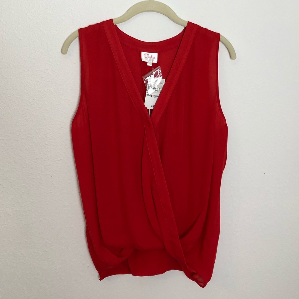 Parker poppy color silk open draped back